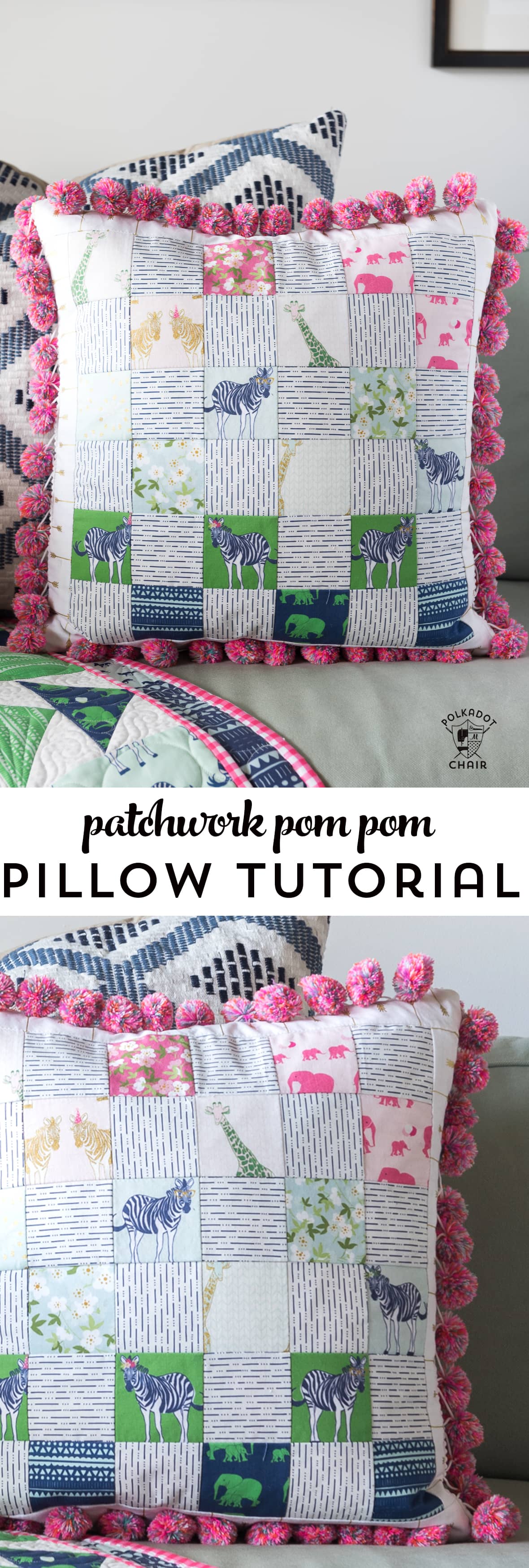 Free sewing pattern for a pom pom patchwork pillow. Uses a fun cheater way to make the points match up- Free pillow pattern