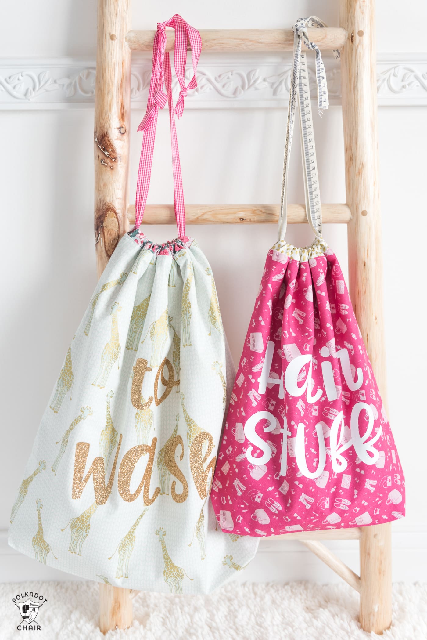 Free tutorial and Lined Drawstring Bag Sewing Pattern - how to sew a reversible drawstring bag and add cute sayings to the front! Includes free cricut cut file downloads #sewing #sewingpattern #drawstringbag #laundrybag #cricut #cricutmade #ad