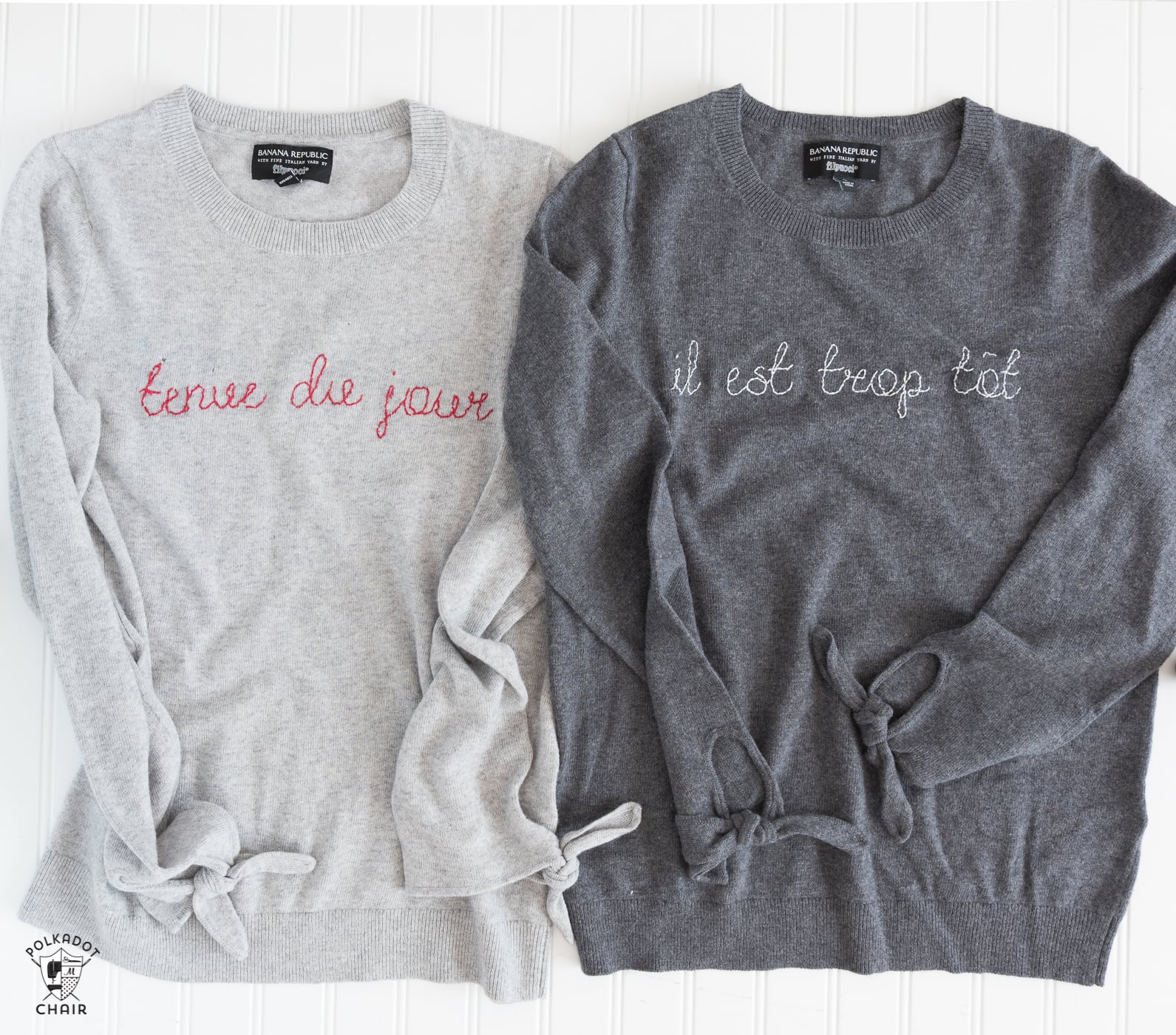 Learn how to make a DIY Embroidered sweater with a fun french quote on it. Includes free embroidery pattern for the quote. A clever way to refashion an old sweater. #DIYEmbroidery #DIYFashion #embroideredsweater #tutorial