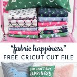 A DIY Pillow cover that is a great way to spruce up your sewing room decor. Includes a free cricut cut file for the "fabric happiness" saying.