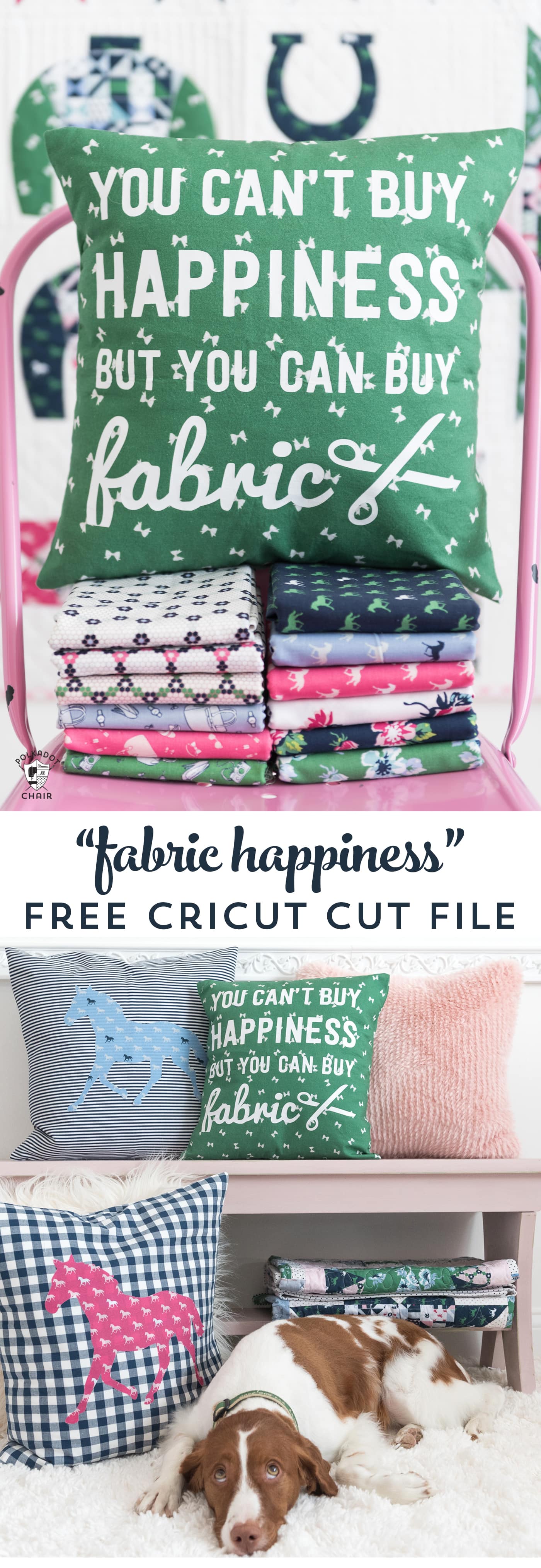 A DIY Pillow cover that is a great way to spruce up your sewing room decor. Includes a free cricut cut file for the "fabric happiness" saying.