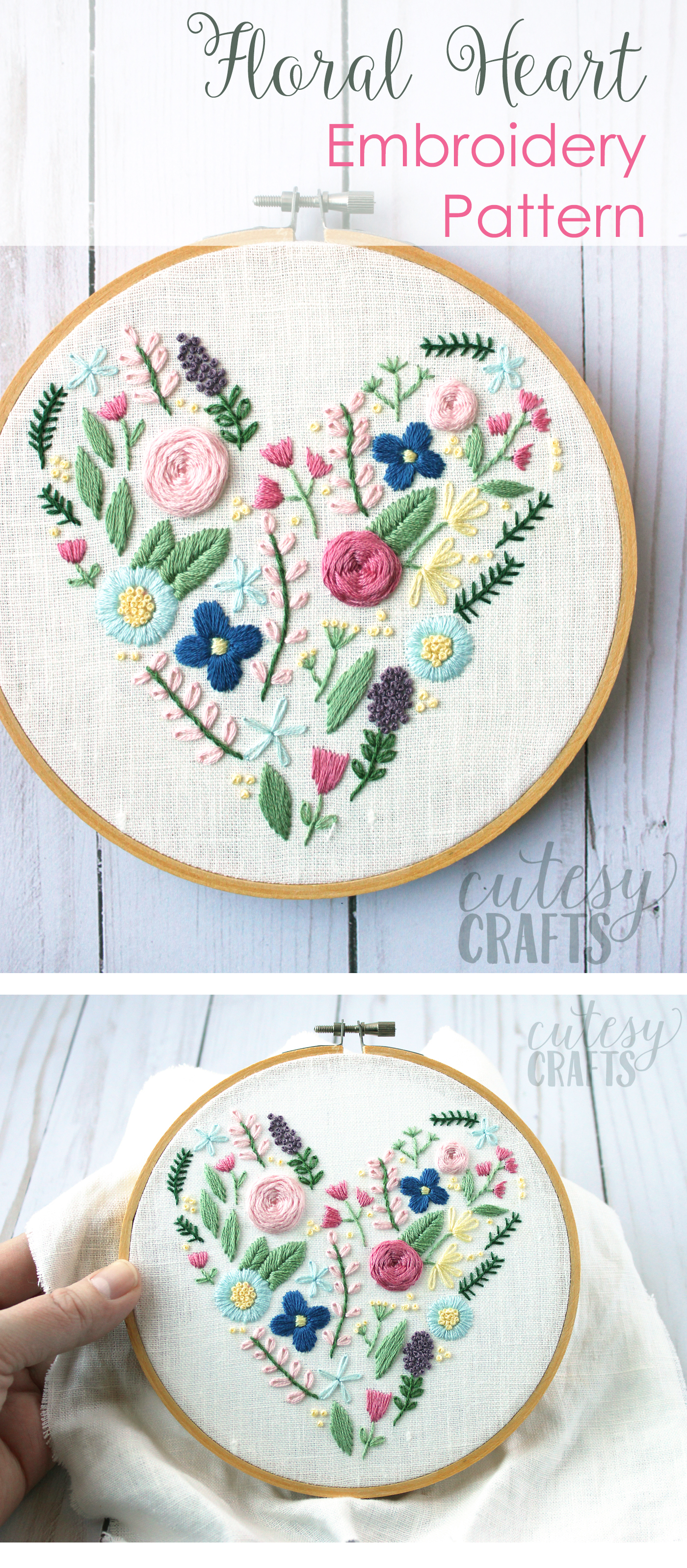 Learn hand embroidery stitches with this beautiful free floral heart embroidery pattern #embroiderypattern #handembroidery #embroideredflowers #embroiderystitches #handembroiderystitches