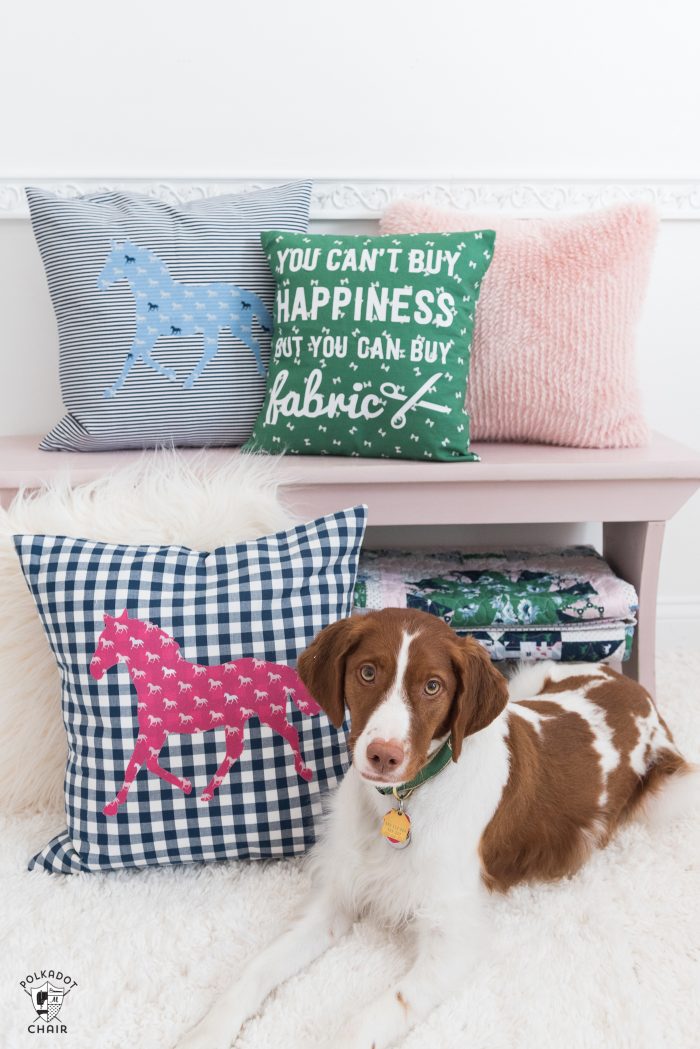 A DIY Pillow cover that is a great way to spruce up your sewing room decor. Includes a free cricut cut file for the "fabric happiness" saying.