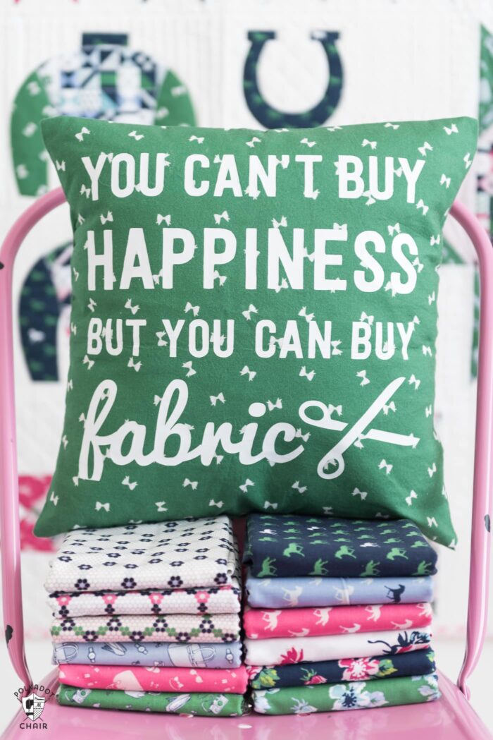 A DIY Pillow cover that is a great way to spruce up your sewing room decor. Includes a free cricut cut file for the "fabric happiness" saying.