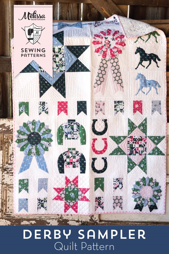 The Derby Sampler Quilt by Melissa Mortenson of polkadotchair.com - a quilt block sampler quilt perfect for Derby. A great quilt for equestrian and horse lovers!