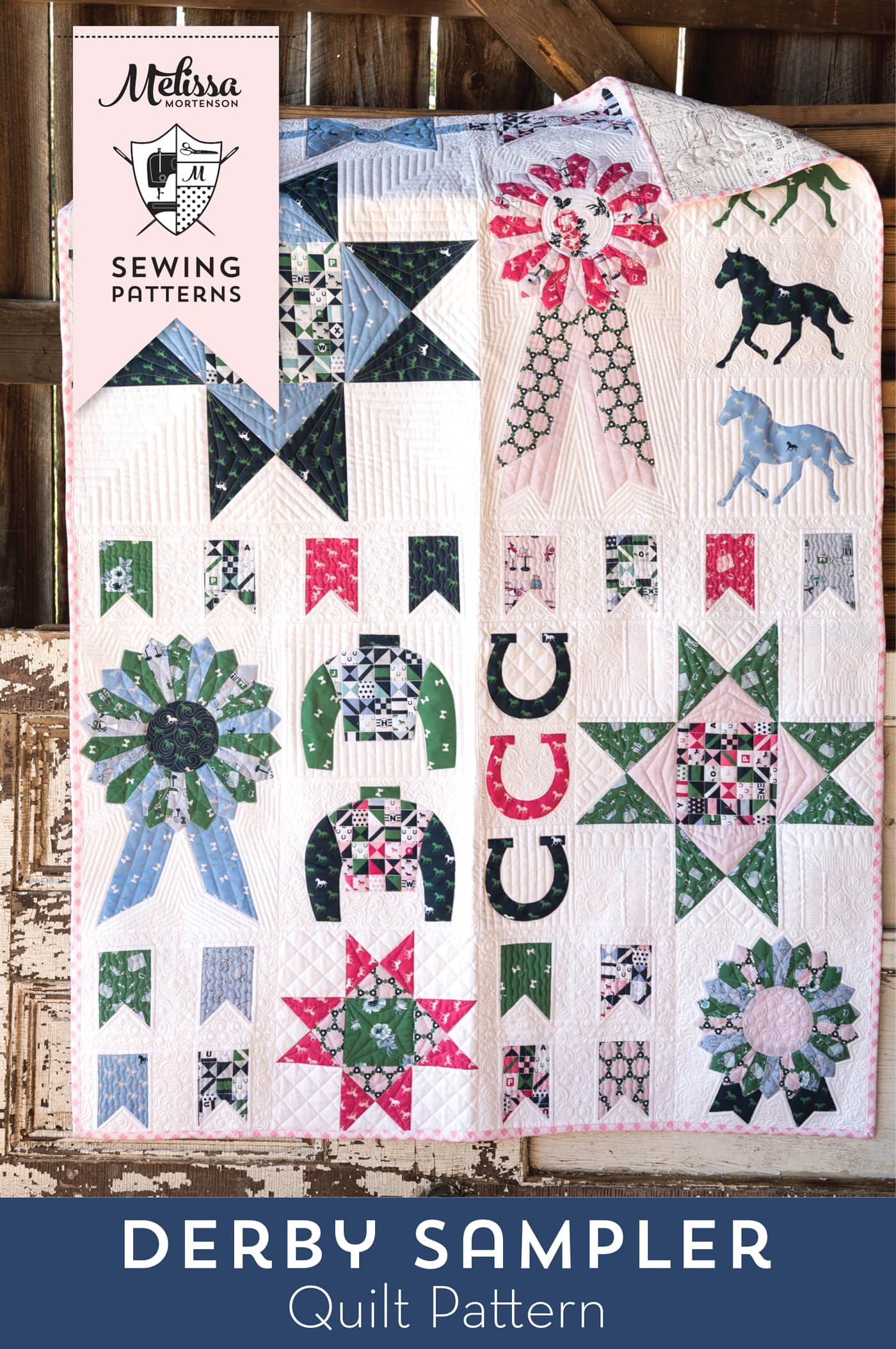The Derby Sampler Quilt by Melissa Mortenson of polkadotchair.com - a quilt block sampler quilt perfect for Derby. A great quilt for equestrian and horse lovers! 