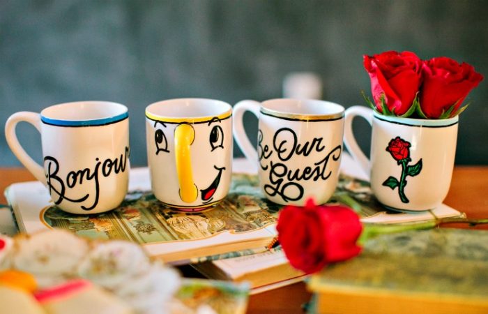 DIY Disney mugs made with sharpies, beauty and the beast themed