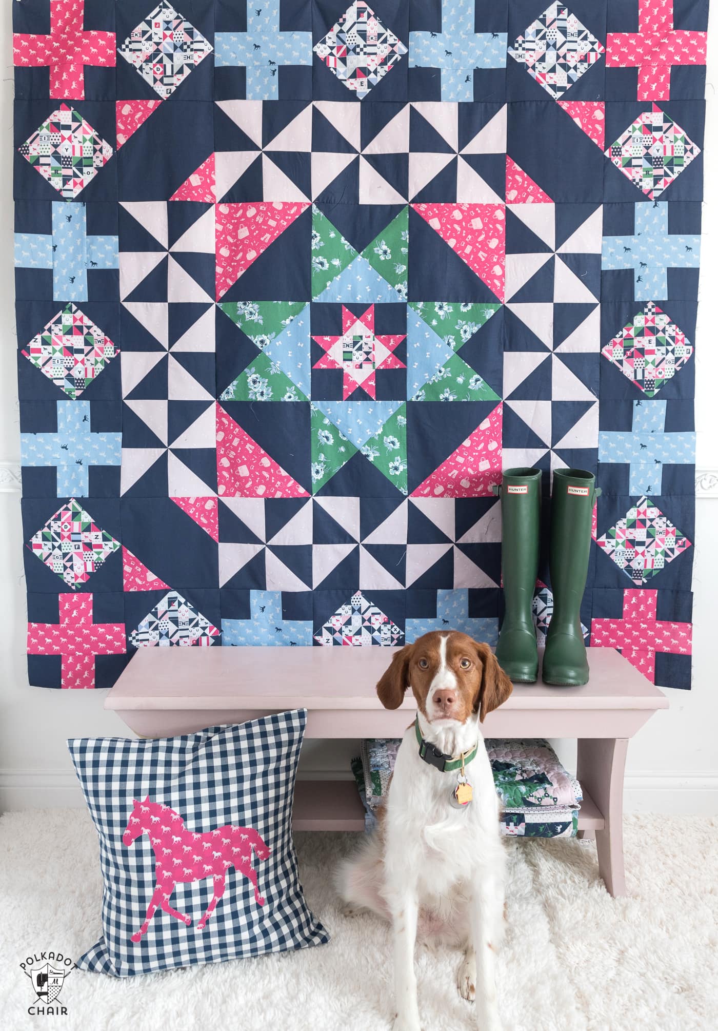 Patchwork Paddock quilt pattern, a fun graphic medallion style quilt pattern by melissa mortenson of polkadotchair.com featuring Derby Day fabrics