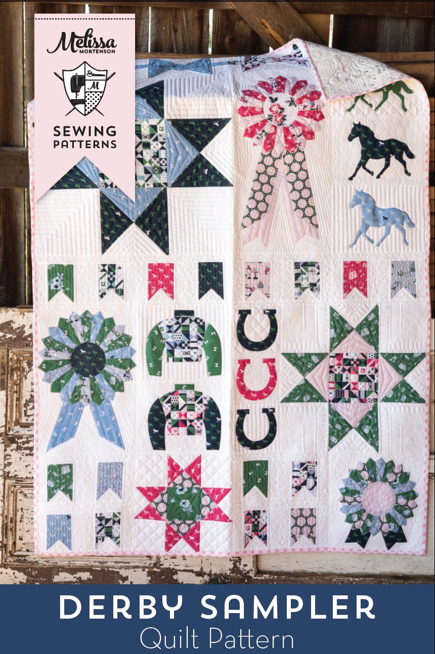 Derby Sampler quilt by melissa mortenson of polkadotchair.com - a fun horse and equestrian themed sampler quilt pattern using Derby Day Fabrics