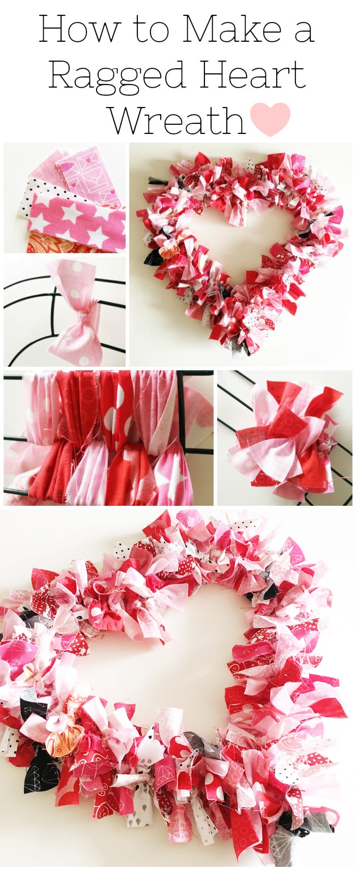 How to make a Valentine's Heart Fabric Rag Wreath- a cute Valentine's Day Craft idea. Rag Wreath Tutorial #ValentinesDayCrafts #DIYWreath #RagWreath #FabricWreathTutorial