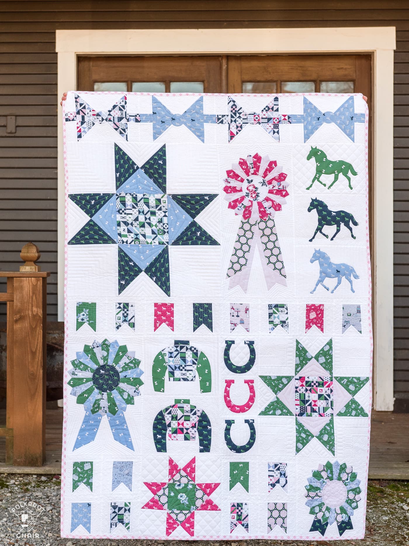 Derby Sampler quilt by melissa mortenson of polkadotchair.com - a fun horse and equestrian themed sampler quilt pattern using Derby Day Fabrics