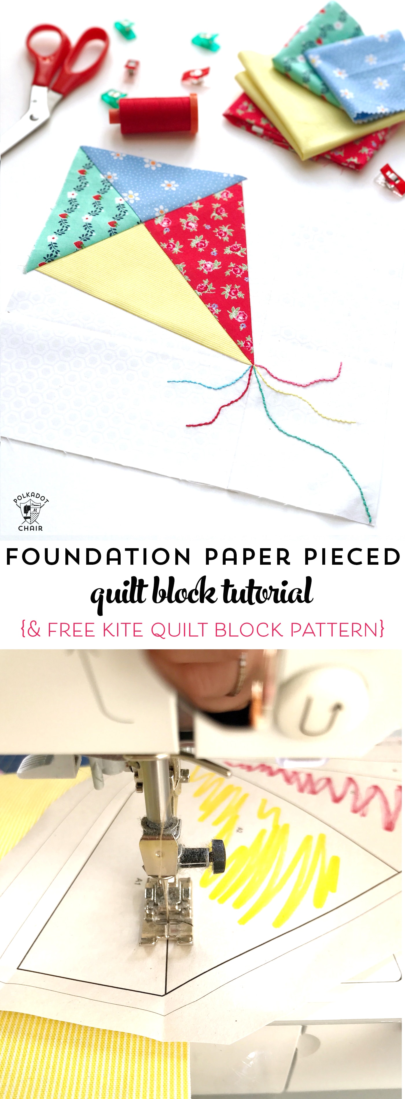 Learn how to paper piece with this foundation paper piecing tutorial by Sarah Ashford on polkadotchair.com . Includes a free kite paper piecing pattern #paperpiecing #foundationpaperpiecing #quilts #quiltblock #quiltpatterns