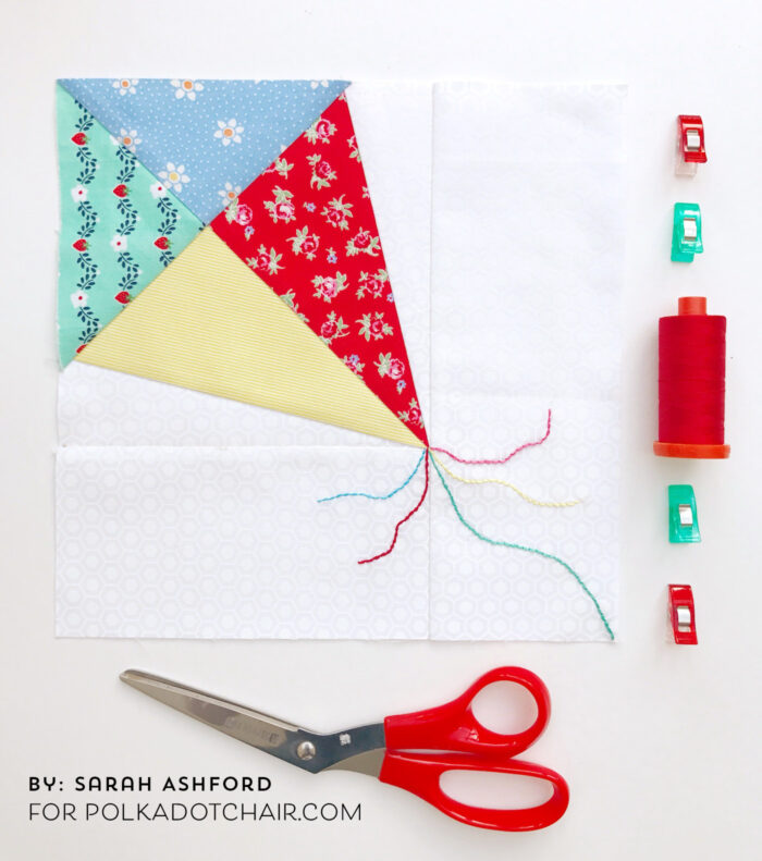 Learn how to paper piece with this foundation paper piecing tutorial by Sarah Ashford on polkadotchair.com . Includes a free kite paper piecing pattern #paperpiecing #foundationpaperpiecing #quilts #quiltblock #quiltpatterns