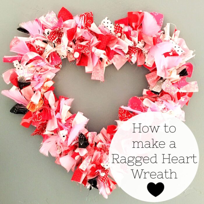 How to make a Valentine's Heart Fabric Rag Wreath- a cute Valentine's Day Craft idea. Rag Wreath Tutorial #ValentinesDayCrafts #DIYWreath #RagWreath #FabricWreathTutorial