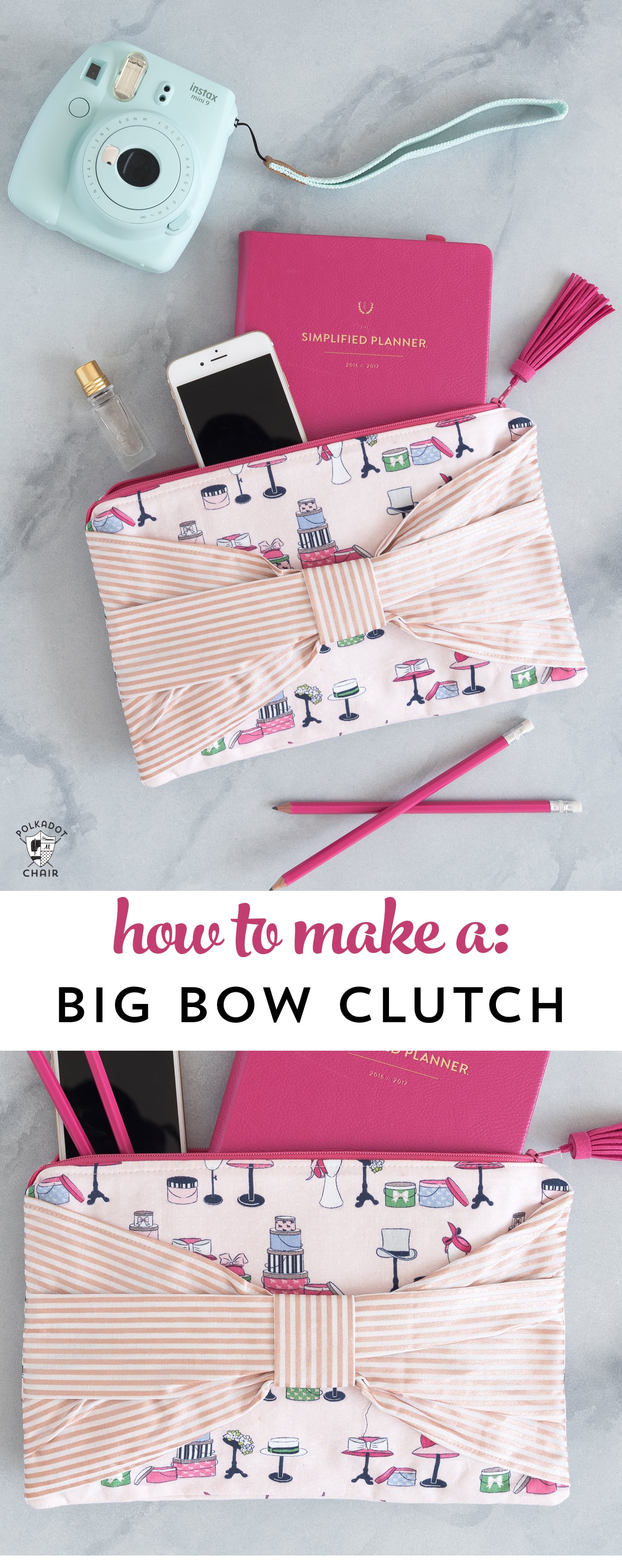 Big Bow Clutch; A DIY clutch purse pattern and free sewing tutorial. How to make an easy fabric clutch with a bow on the front. Fun sewing gift ideas.
