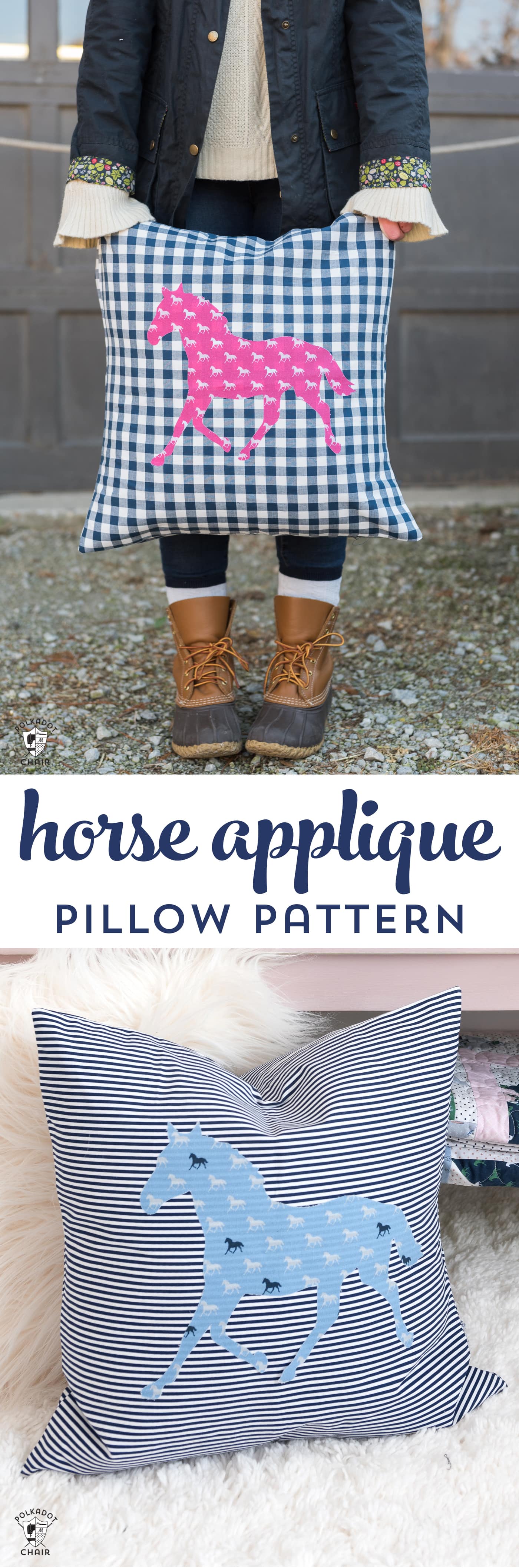 How to sew a horse applique pillow, a free sewing pattern using Derby Day fabrics. DIY horse pillow pattern, sewing projects for beginners