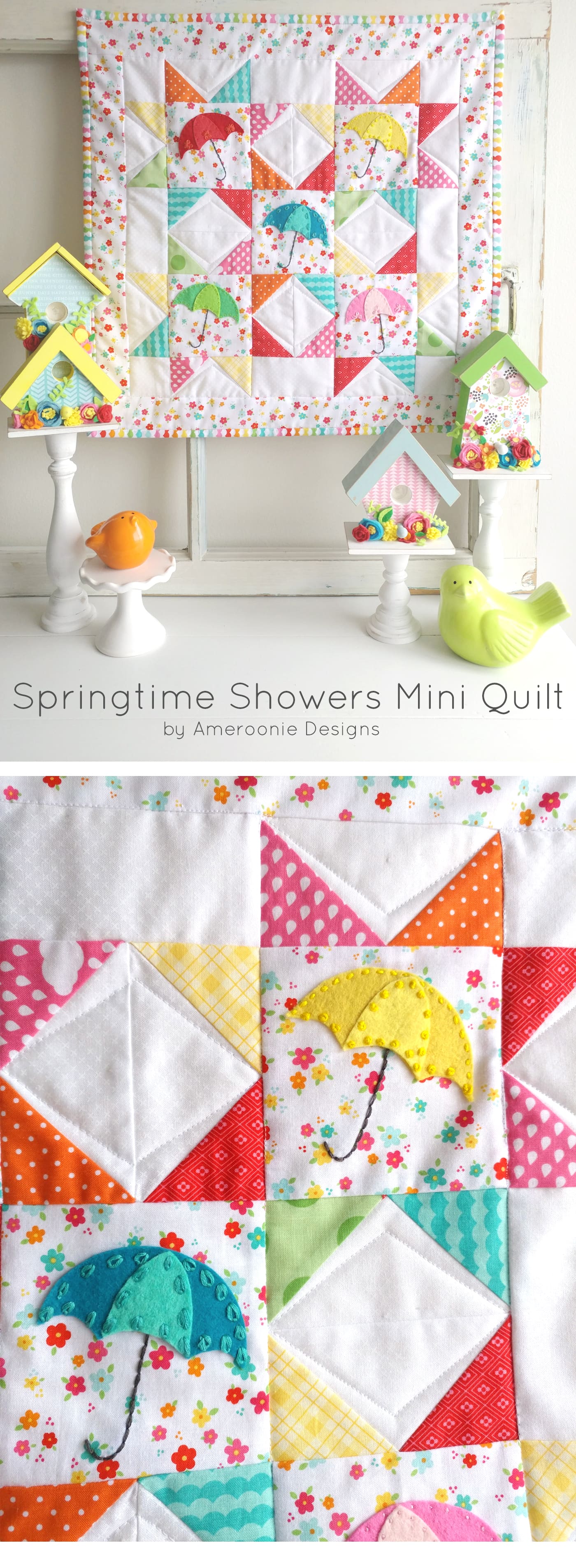 Free Springtime Showers Mini Quilt Pattern; would also be a cute DIY pillow for Spring. #miniquilt #miniquiltpattern