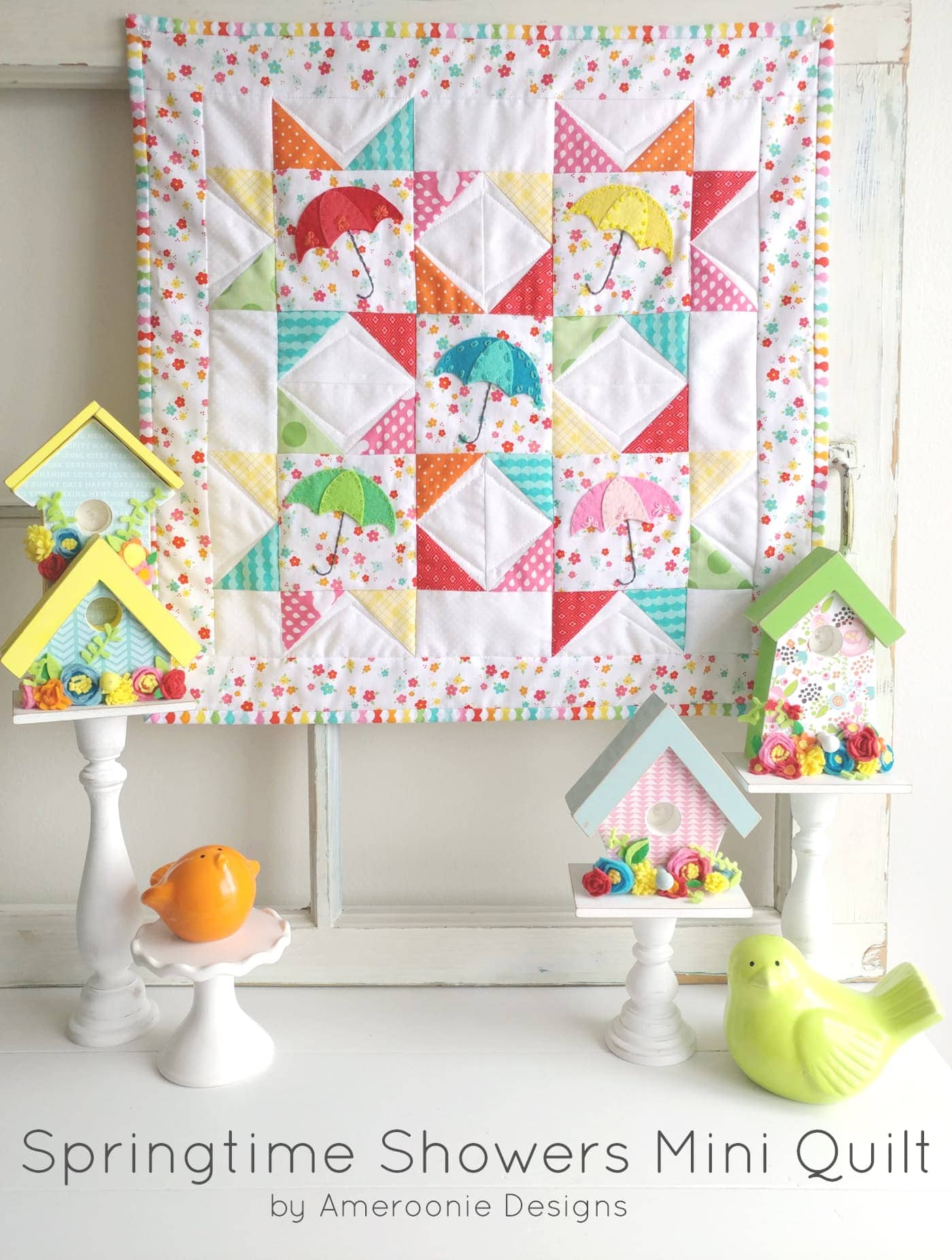 "Springtime Showers" is a Free Mini Quilt Pattern designed by Melissa Mortenson from the Polkadot Chair!