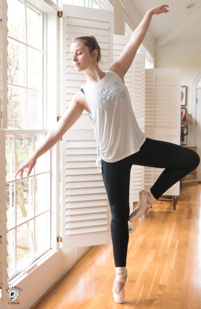 Learn how to make DIY Ballet Warm Ups with your Cricut. Includes free ballet svg file and review of SportFlex Iron on - how to apply iron-on to leggings and sweatshirts #DIYBallet #CricutMade #CricutSVG #BalletWarmUps #BalletSweatshirt #DIYBalletTShirt