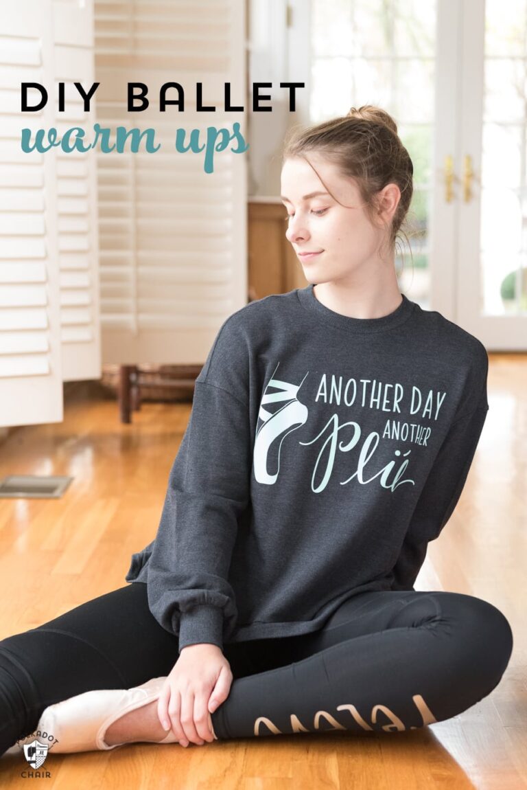 Learn how to make DIY Ballet Warm Ups with your Cricut. Includes free ballet svg file and review of SportFlex Iron on - how to apply iron-on to leggings and sweatshirts #DIYBallet #CricutMade #CricutSVG #BalletWarmUps #BalletSweatshirt #DIYBalletTShirt
