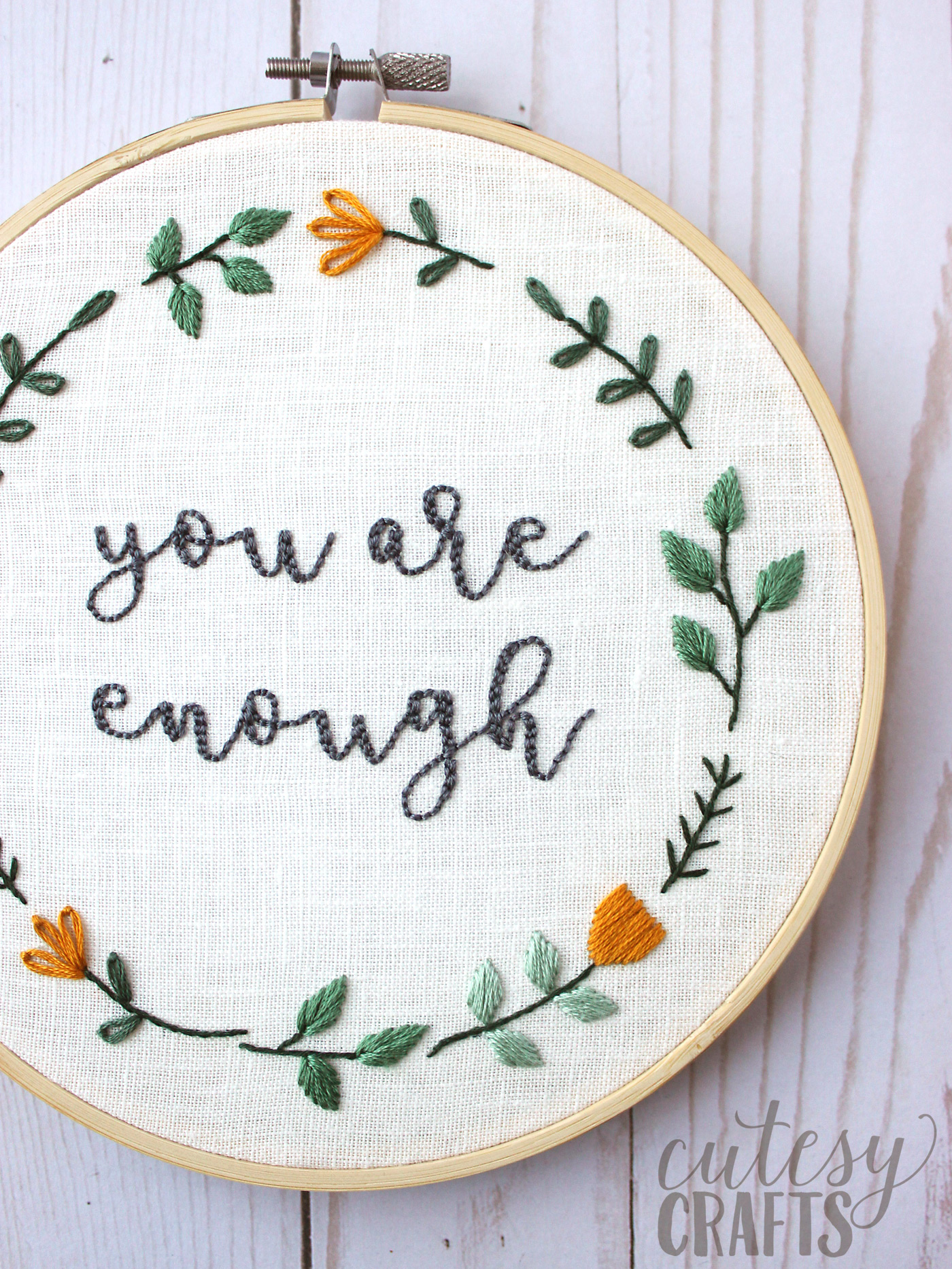 Free Hand Embroidery Pattern for an inspirational quote embroidery hoop - "you are enough" - #embroidery #handEmbroidery #embroiderystitches #embroiderypattern 