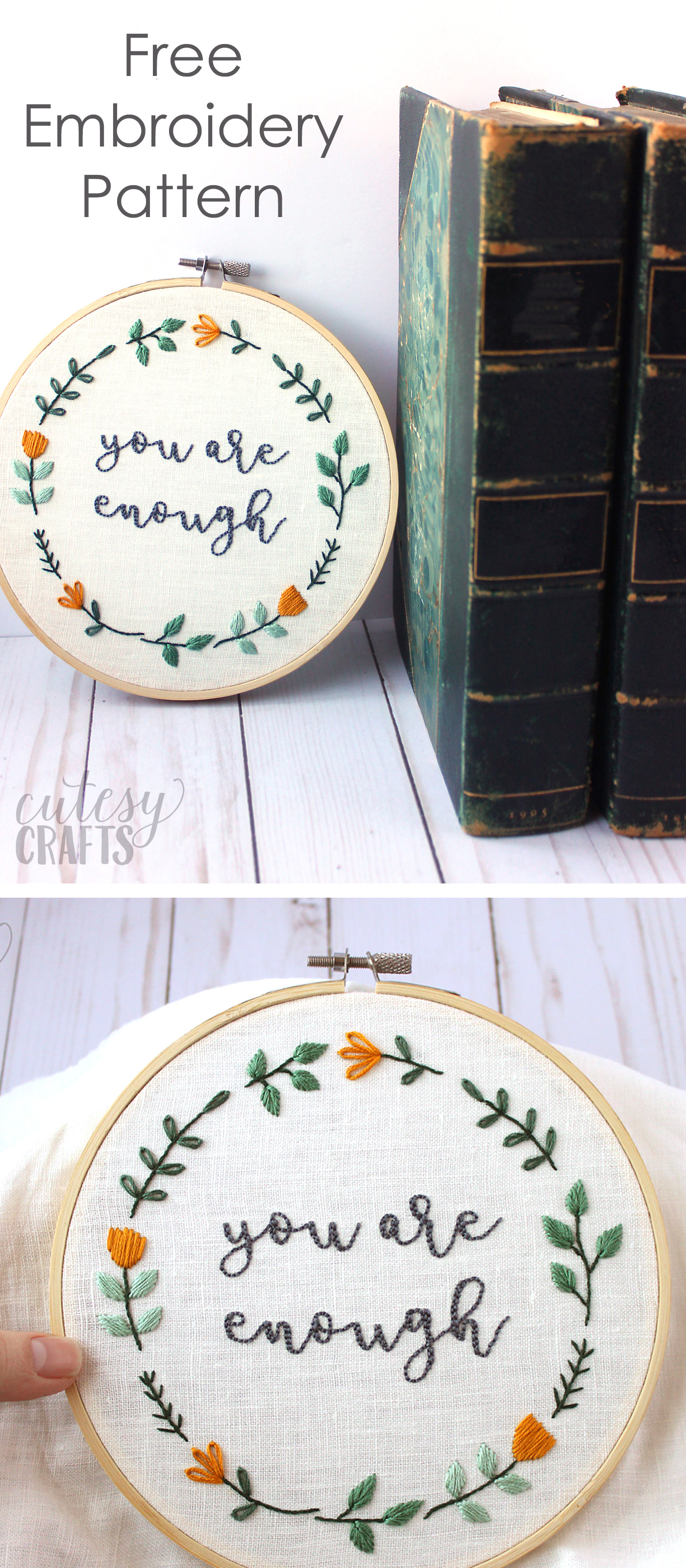Free Hand Embroidery Pattern for an inspirational quote embroidery hoop - "you are enough" - #embroidery #handEmbroidery #embroiderystitches #embroiderypattern