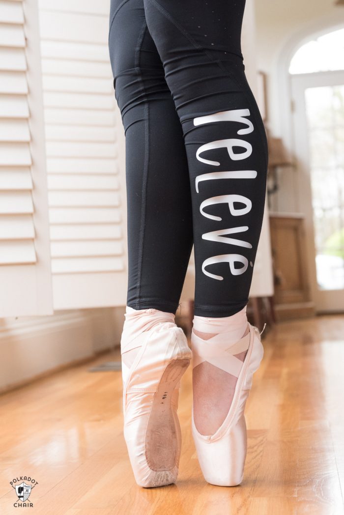 Ballet words ironed onto leggings with Cricut SportFlex