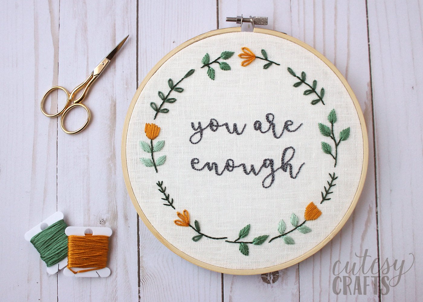 Free Hand Embroidery Pattern for an inspirational quote embroidery hoop - "you are enough" - #embroidery #handEmbroidery #embroiderystitches #embroiderypattern 