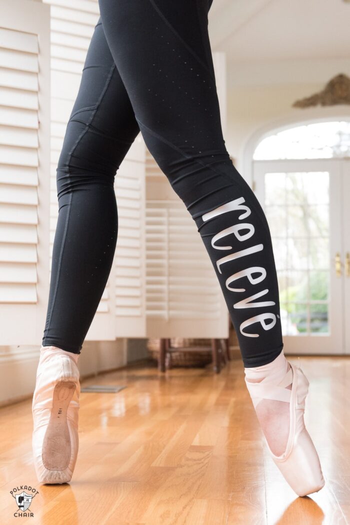 Ballet words ironed onto leggings with Cricut SportFlex