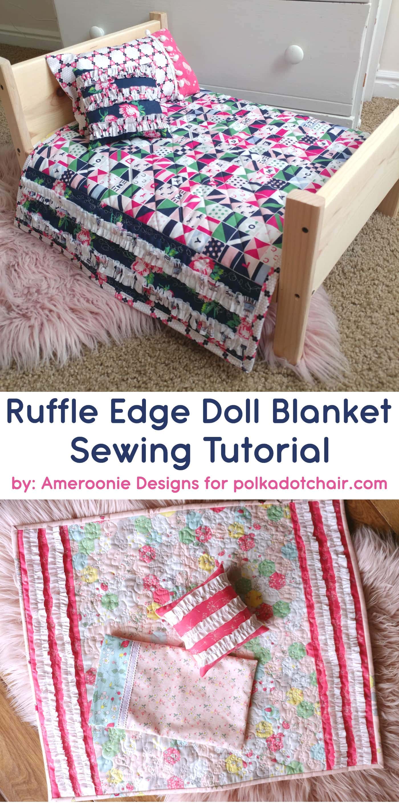 Ruffle Edge Doll Quilt tutorial - learn how to sew a simple doll blanket or quilt #dollquilt #quilting #quilttutorial #dollblanket #DIY #sewingtutorials 