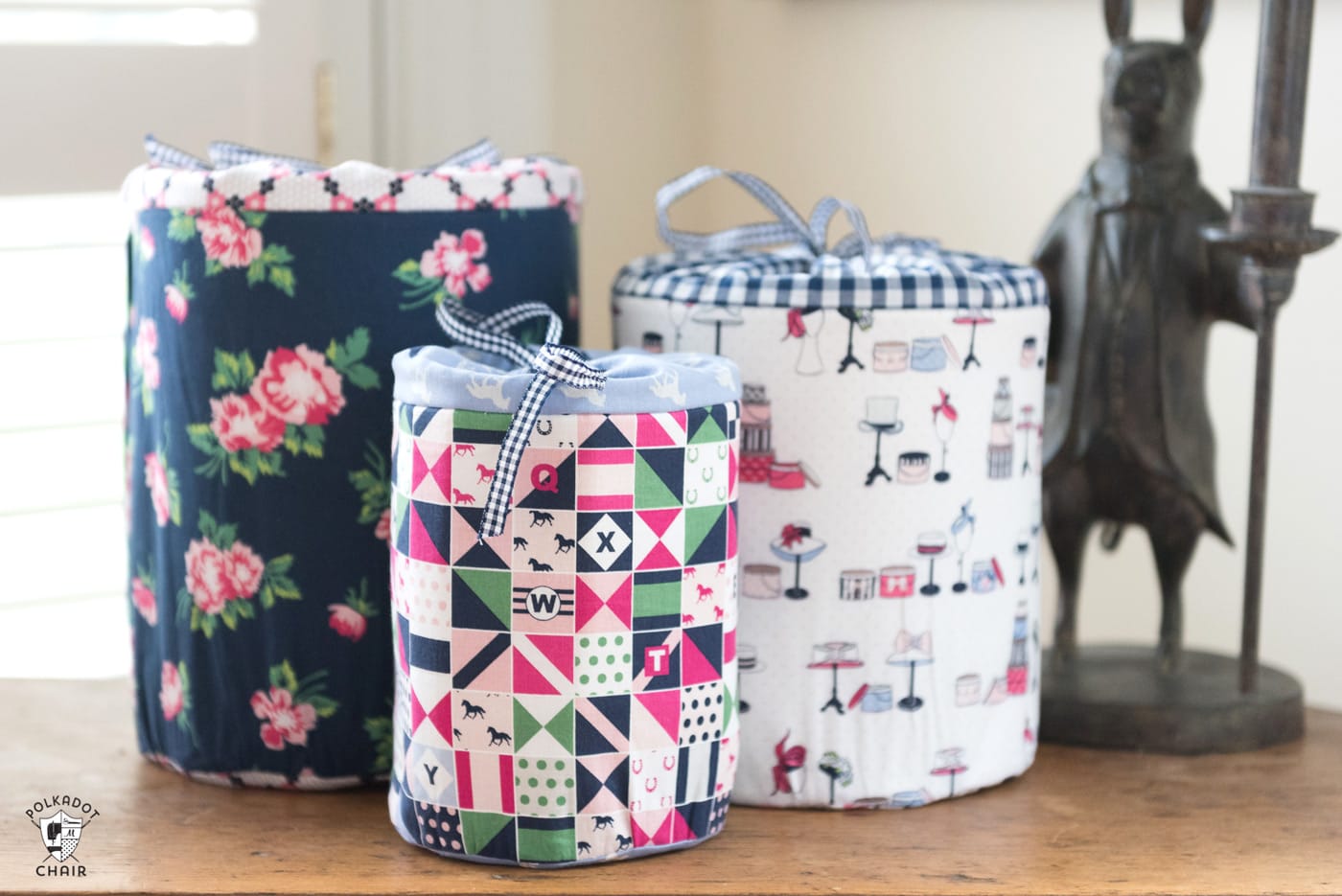 Learn how to make fabric storage bins with this sewing pattern. Round padded storage bins, great for organization projects! #fabricbins #fabricstorage #fabricbasket #sewingpattern #DIYBasket 