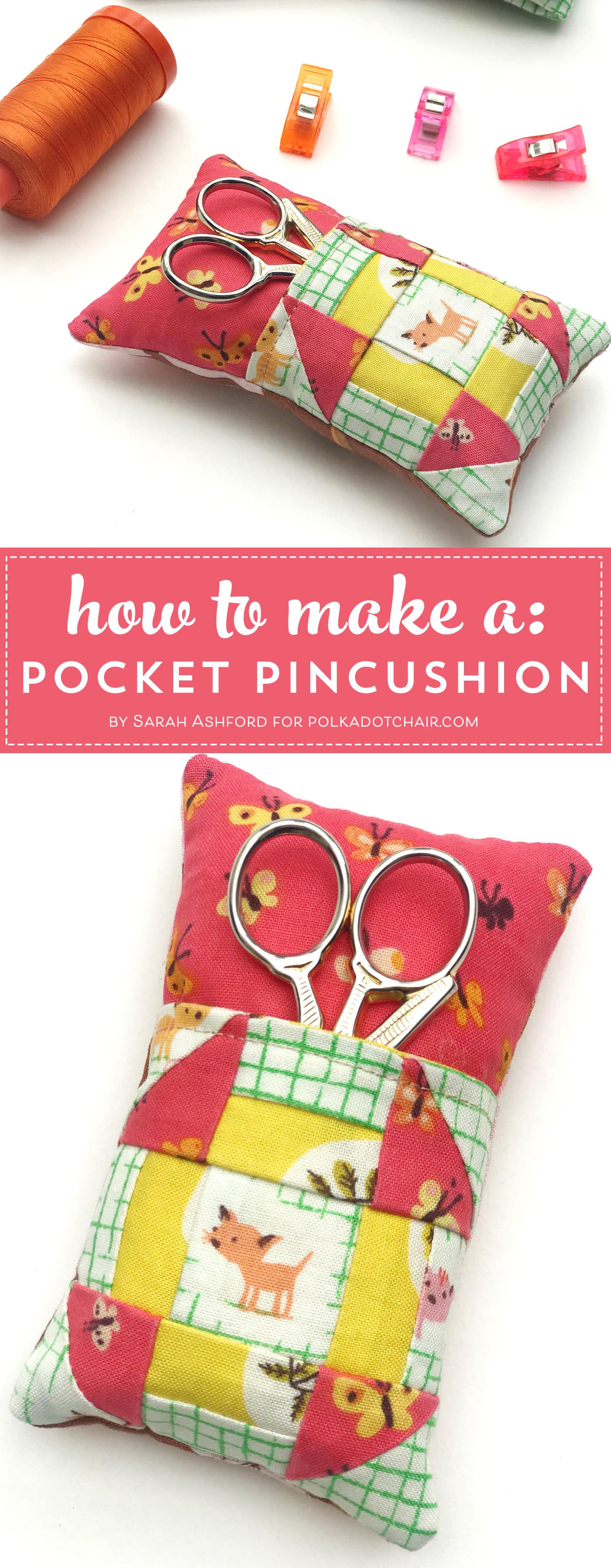 Learn how to make a cute pincushion with a pocket to hold your scissors! A free pincushion sewing tutorial- love the churn dash quilt block addition! #pincushions #DIYpincusions #pincushionstosew #pincushionpatterns #Cutepincushions #sewingtutorial #sewing