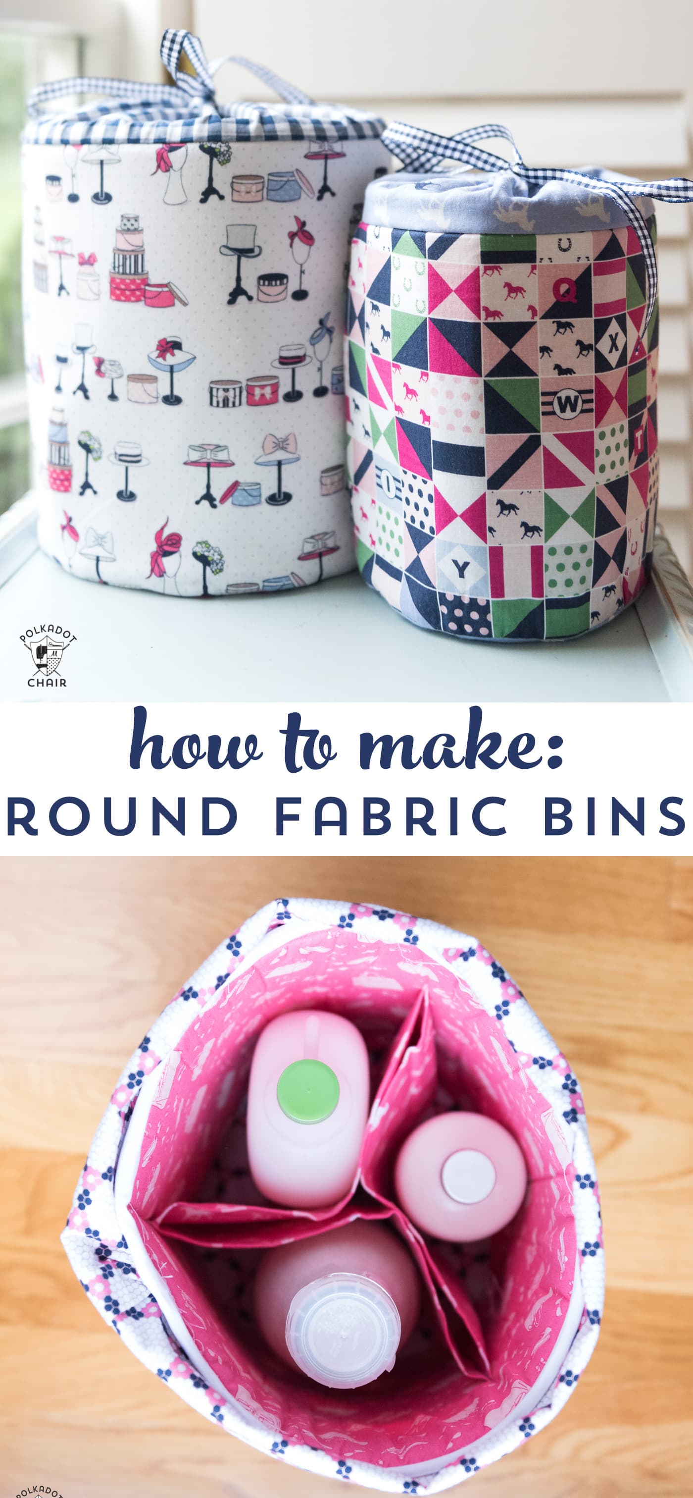 Learn how to make fabric storage bins with this sewing pattern. Round padded storage bins, great for organization projects! #fabricbins #fabricstorage #fabricbasket #sewingpattern #DIYBasket
