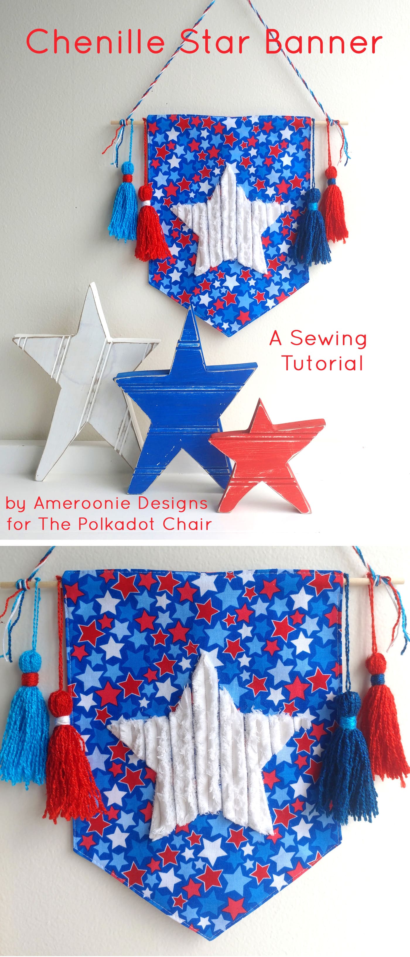 Chenille Star Banner Sewing Tutorial, a free 4th of July Craft idea, makes such a cute fourth of July decoration! #4thofjuly #4thofjulycrafts #4thofjulysewing #smallsewingproject