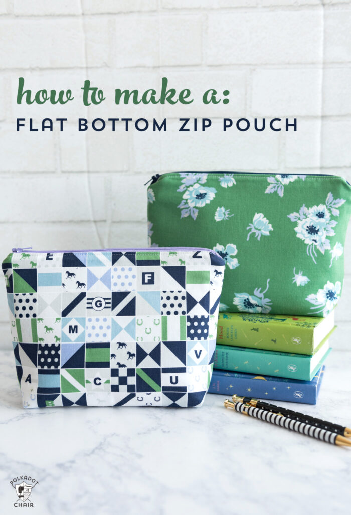 two sewn zip pouches on white table with colorful books