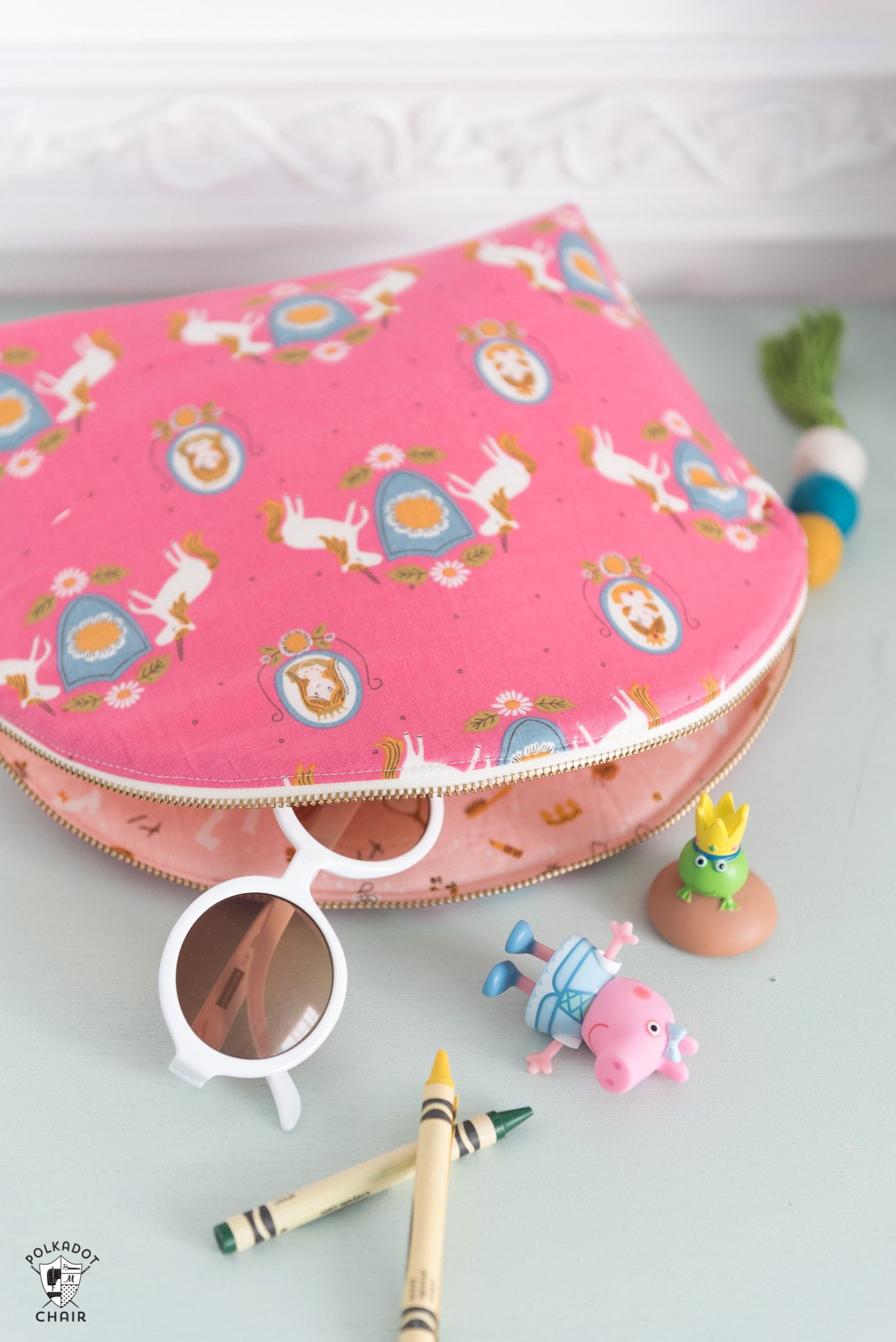 curved bag with toys