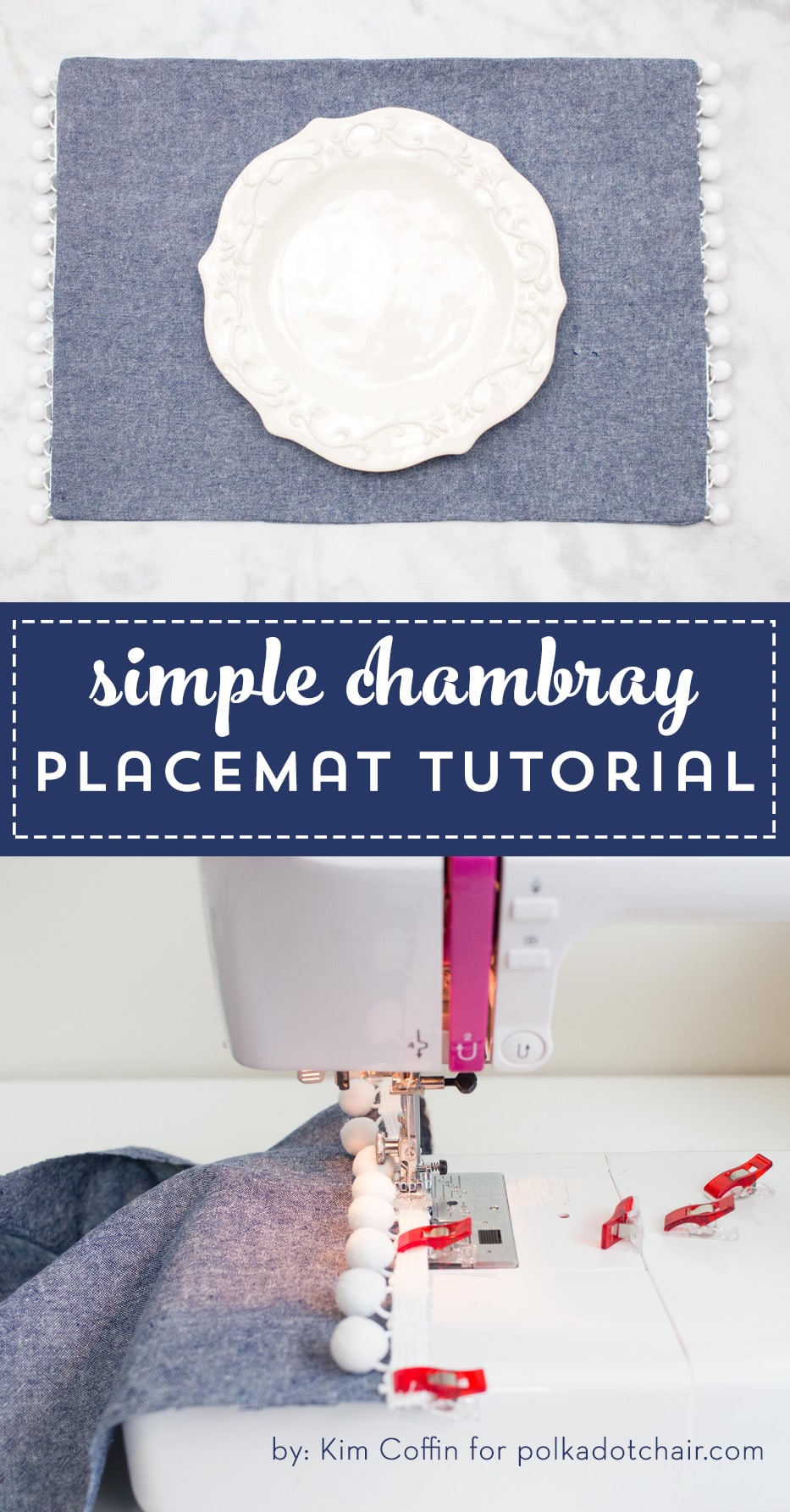 Learn how to make a simple chambray placemat with this fun placemat sewing tutorial. This cute pom pom placemat is the perfect thing to accent a farmhouse style kitchen. #sewing #sewingtutorials #placemattutorials #farmhousestyle #farmhousekitchen #farmhousedining