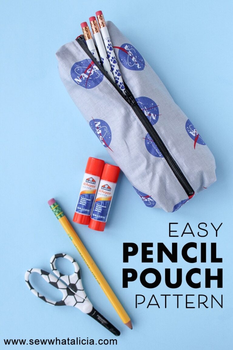 pencil pouch with glue stick and pencil on blue background