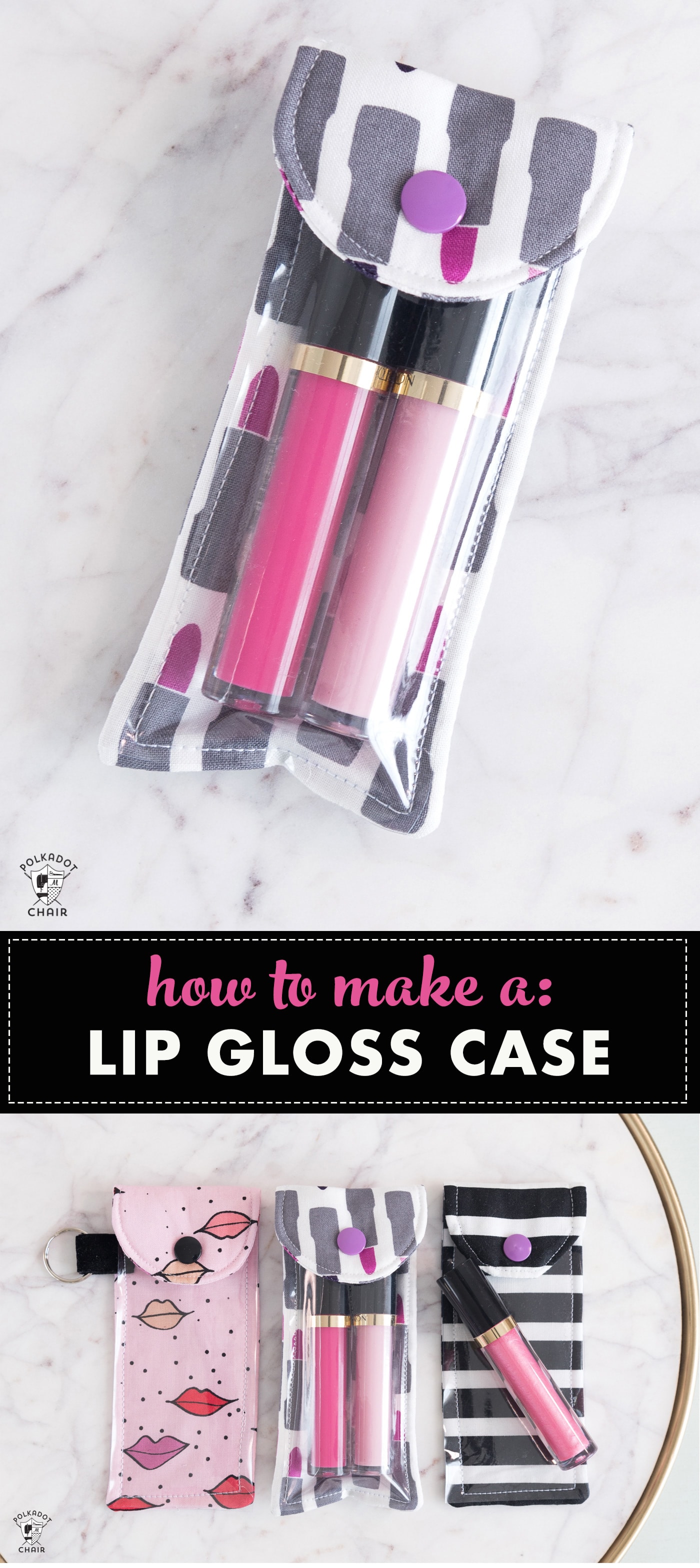 DIY lip gloss pouch on marble tabletop