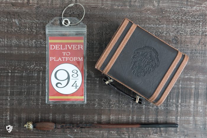 Harry potter luggage tags on wood tabletop