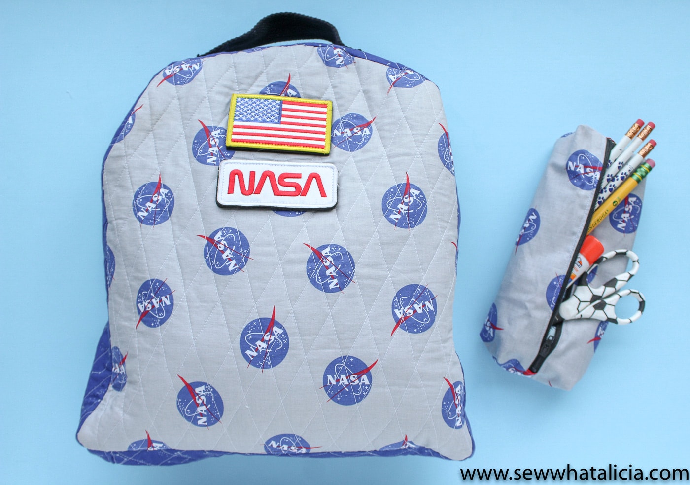 NASA pencil pouch on blue background