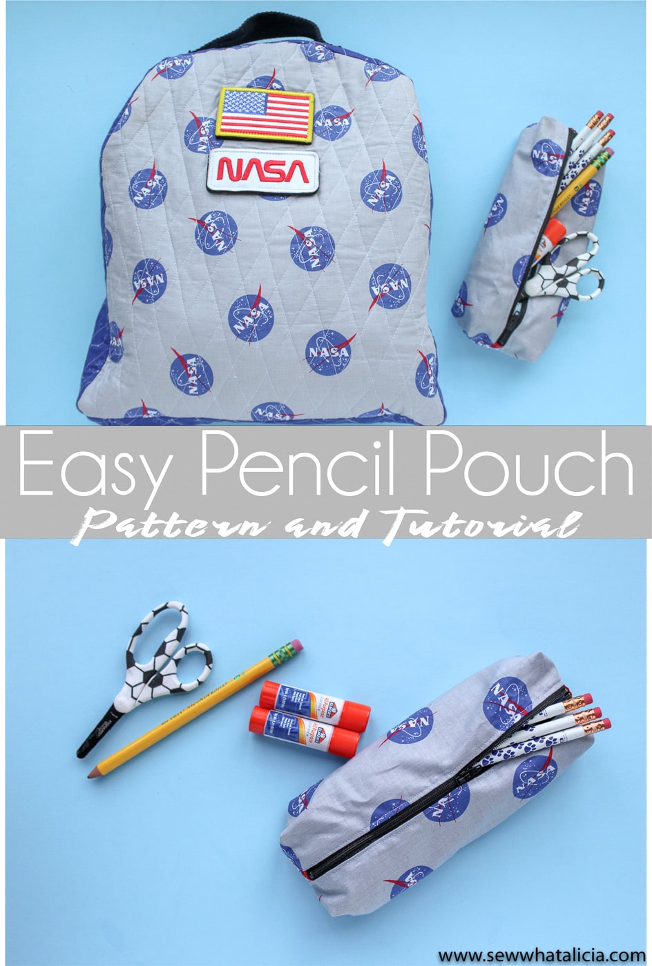 NASA pencil pouch on blue background