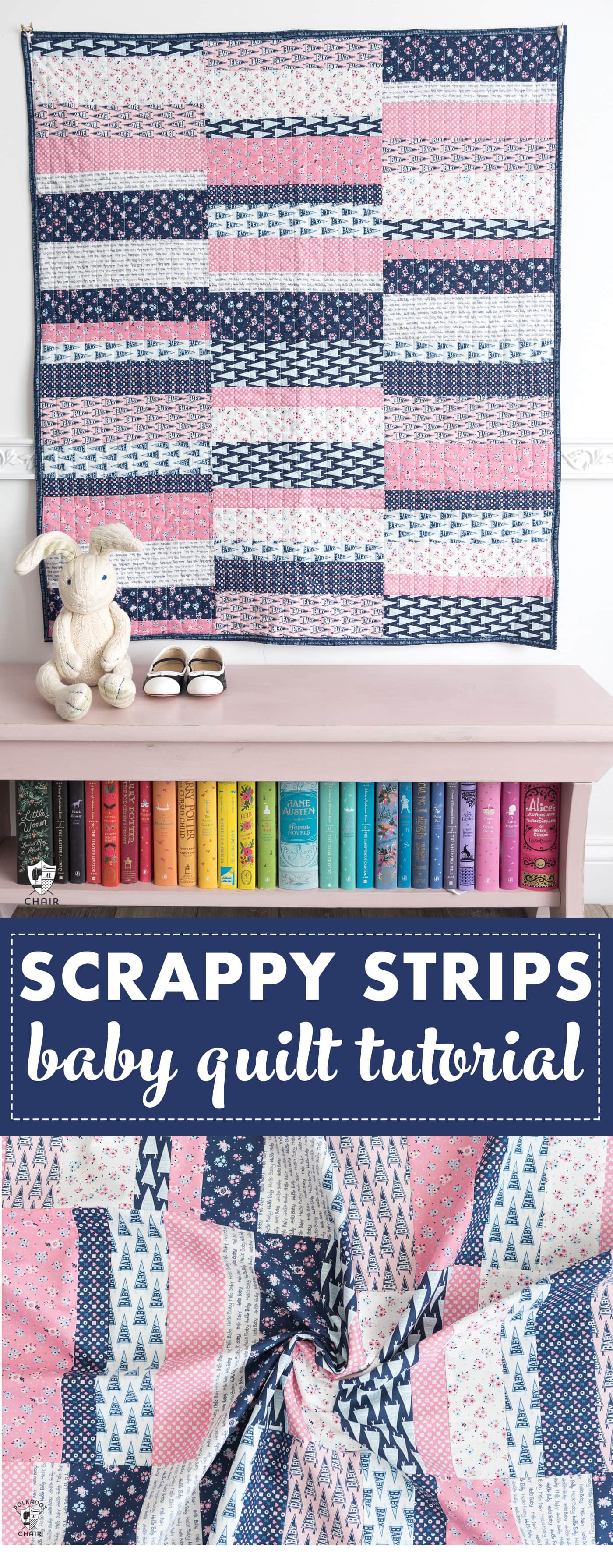 Learn how to make an easy strip quilt with this free scrappy strips baby quilt tutorial. A free quilt pattern. #babyquilt #babyquilts #quilts #quiltpatterns #stripquilt