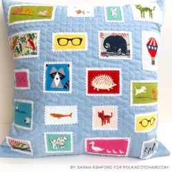 Postage Stamp Pillow on white table with text overlay