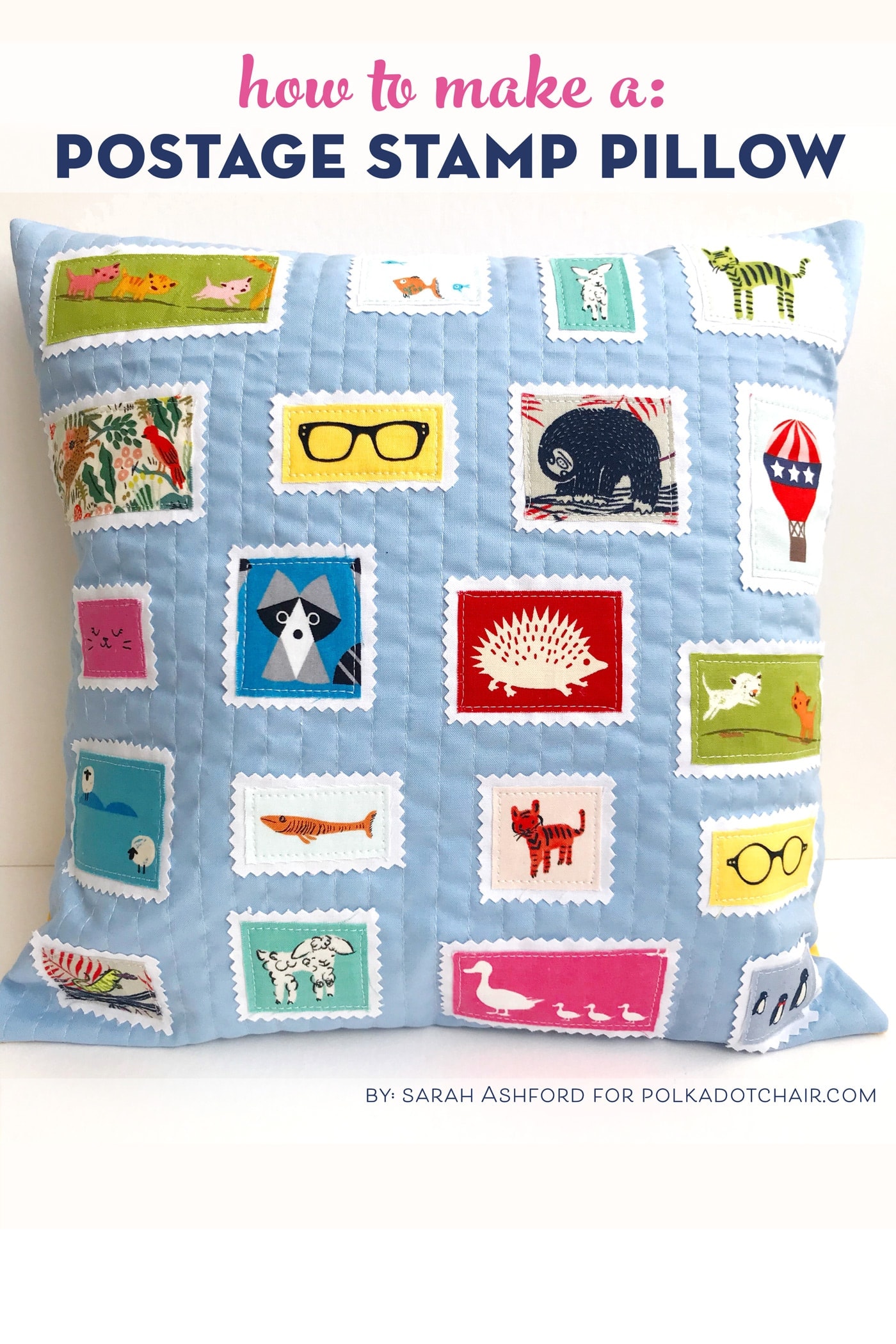 Postage Stamp Pillow on white table with text overlay
