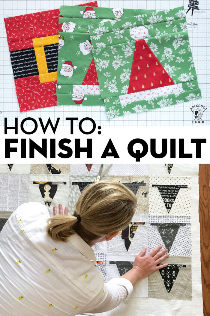 quilt blocks on white cutting mat and woman smoothing out quilt top on floor