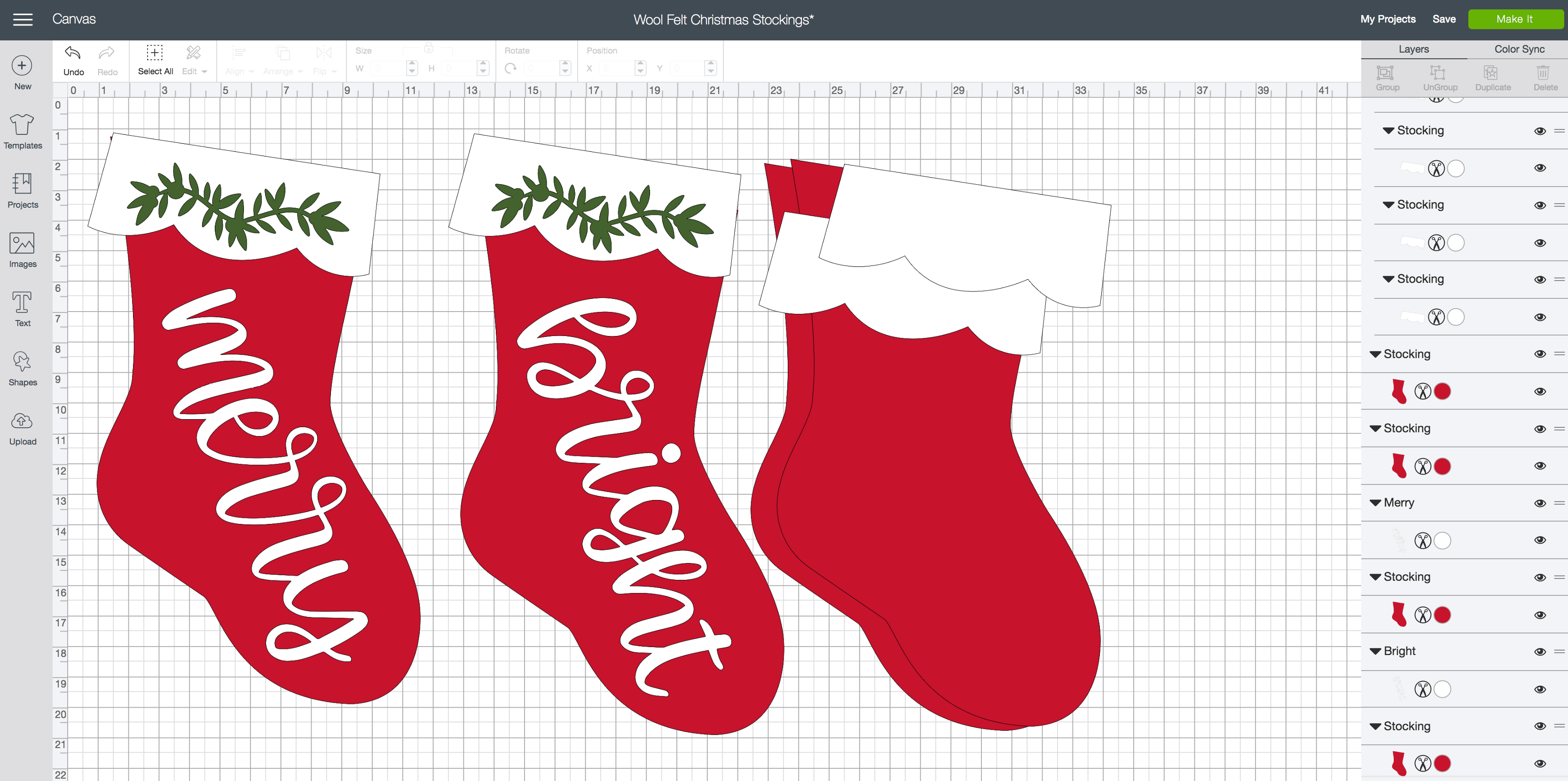 Christmas stocking design in cricut design software.