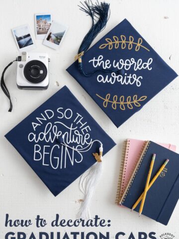 Decorated Graduation Caps on white table