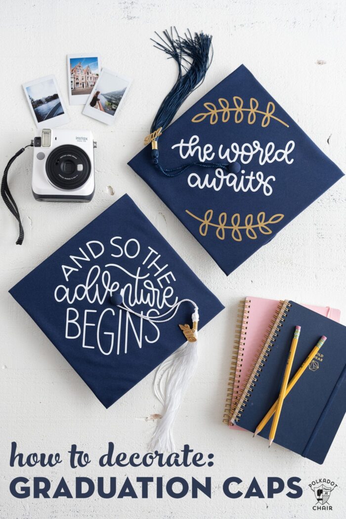 Decorated Graduation Caps on white table