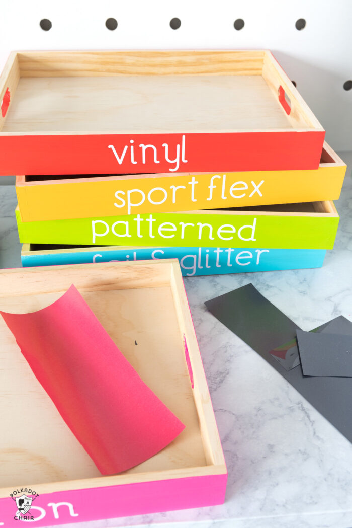 colorful wood vinyl storage trays for cricut vinyl